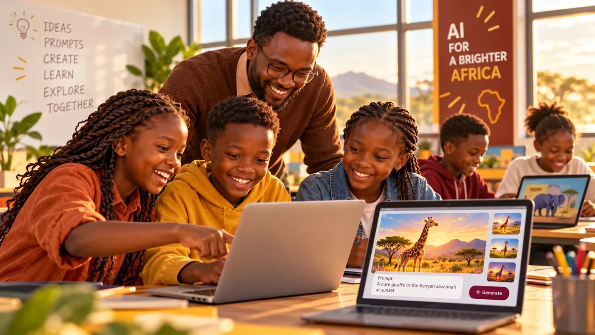 AI-generated illustration showing an instructor guiding children working with laptops and creative image-making tools