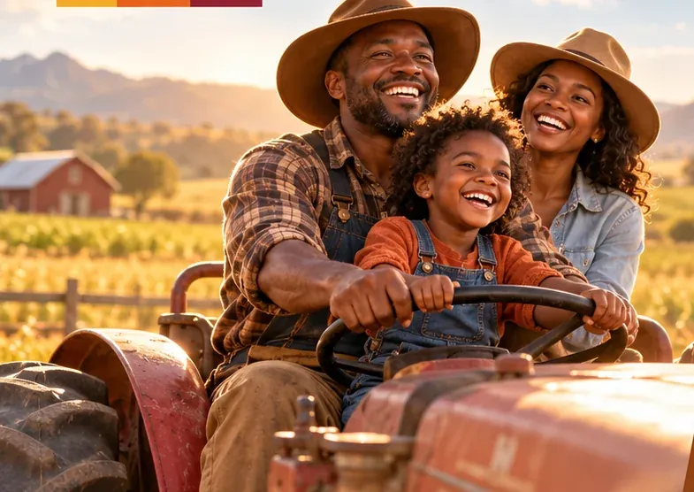 AI-generated farm illustration featuring a family riding a red tractor