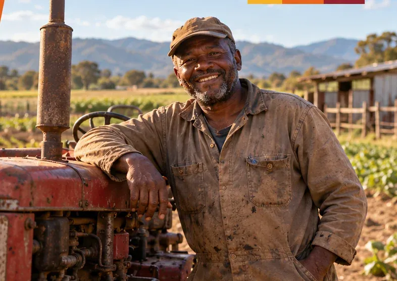 AI-generated farm illustration featuring a farmer leaning against an older red tractor