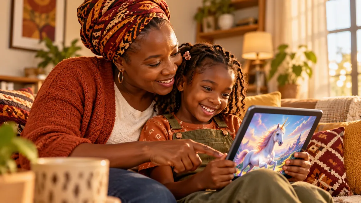 AI-generated illustration of a mother and daughter smiling together as they talk about a unicorn image on a tablet