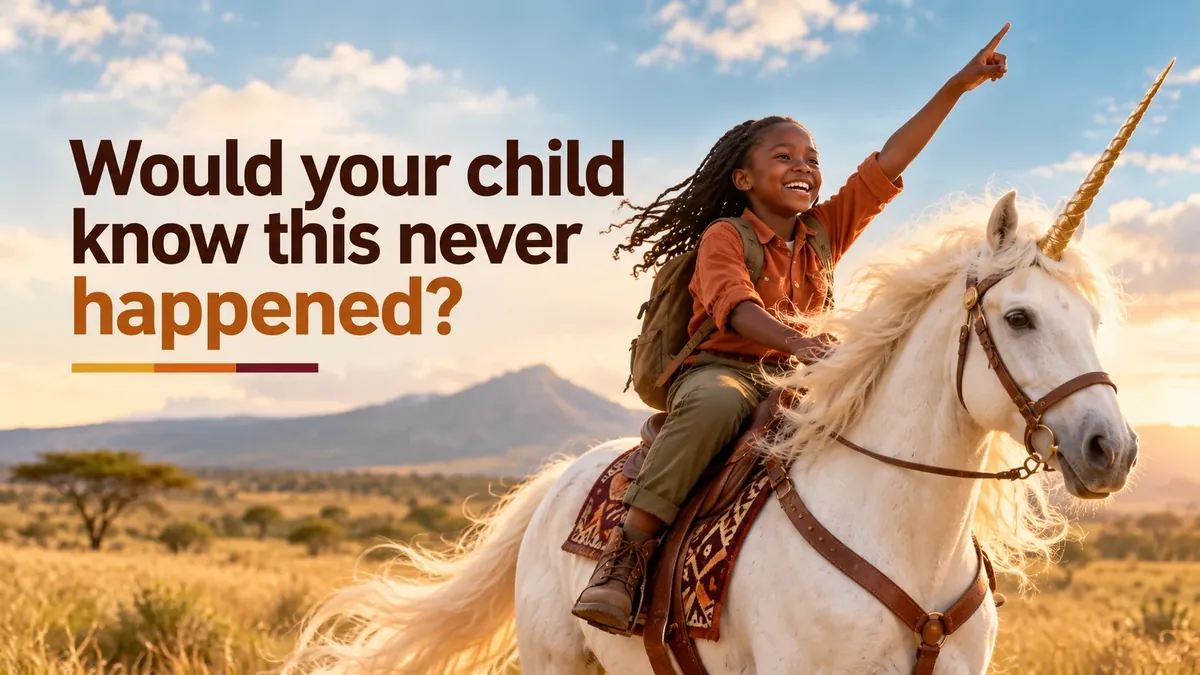 AI-created scene of a delighted child riding a white unicorn in a golden grassland, with a question about whether this really happened